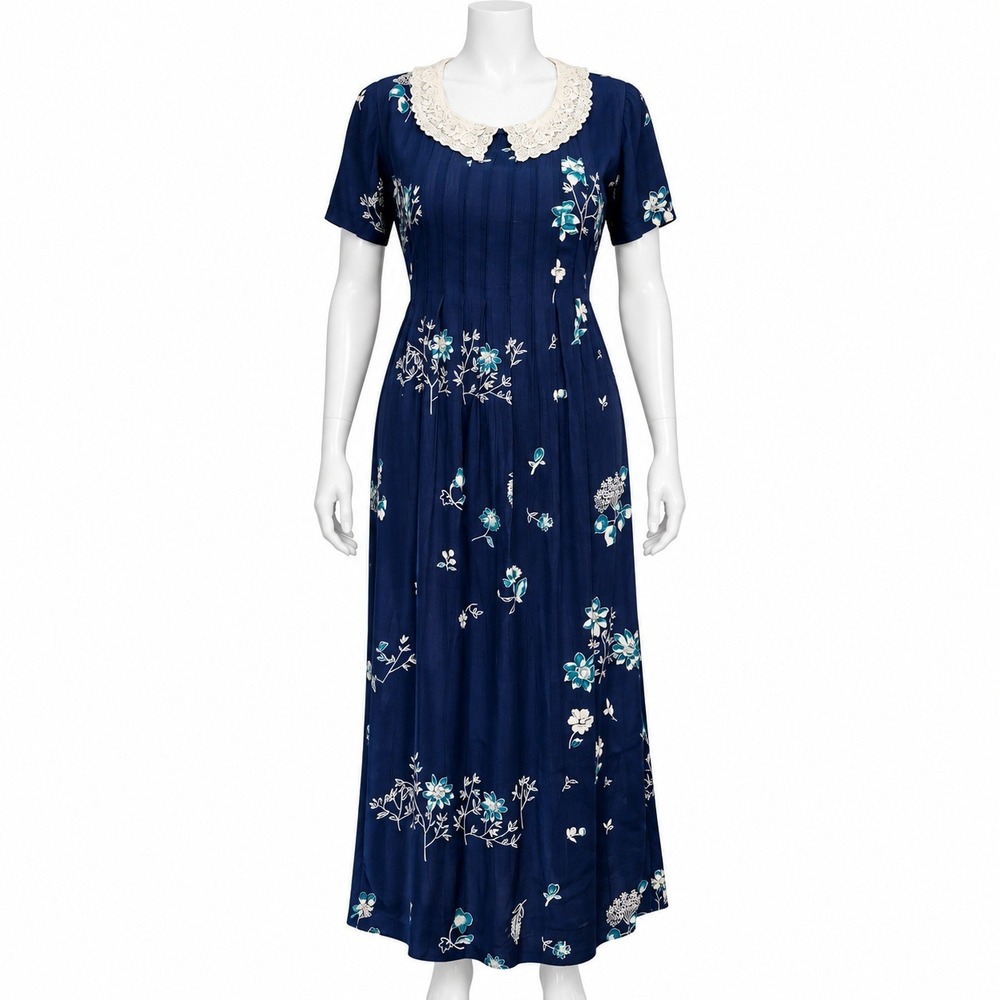 Karin Stevens Vintage Navy Floral Rayon Dress Lace Collar Dark Academia Boho